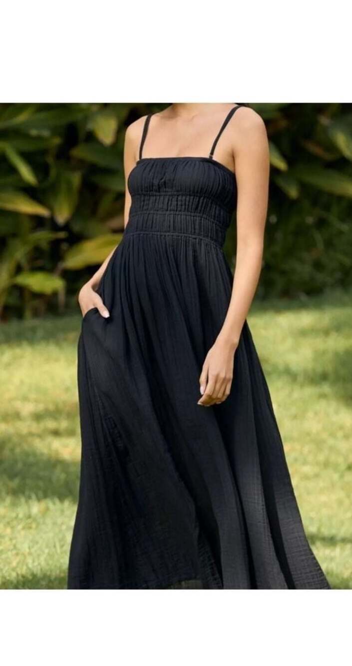 Celandine Anthropologie Black Smocked Gauze Maxi Dress Size L